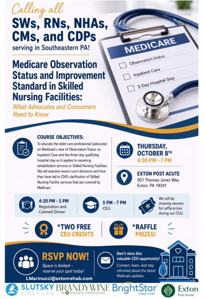 Medicare observation status and improvement standard CEU course flyer for Southeastern Pennsylvania healthcare professionals, including event details, two free CEU credits, raffle prizes, and RSVP information.